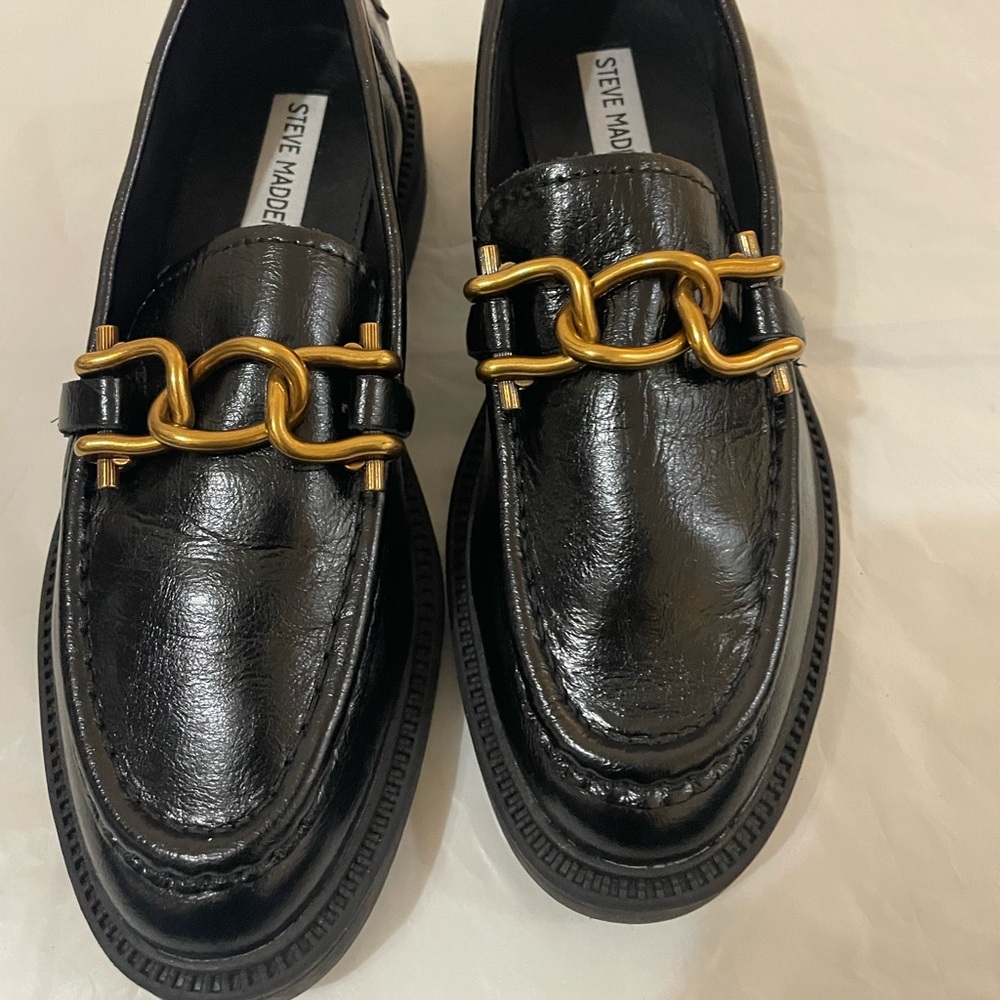 STEVE MADDEN Black Karmine Chunky Chain Loafer Leather Slip On Women's 7